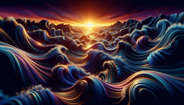Intricate waves with dynamic textures under a vibrant sunset, creating a mesmerizing light and shadow pattern.