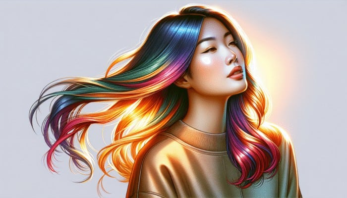 Woman with reverse balayage hair, bright tips blending into darker roots, natural sunlit gradient, chic and relaxed.