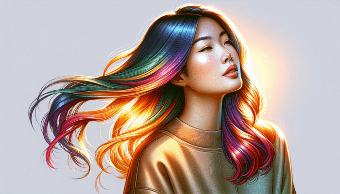 Woman with reverse balayage hair, bright tips blending into darker roots, natural sunlit gradient, chic and relaxed.