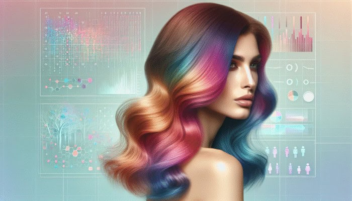 Woman with vibrant, multi-toned hair styled in soft waves, showcasing reverse balayage effect.