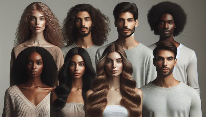 Diverse group showcasing reverse balayage on various hair types and lengths under natural light.