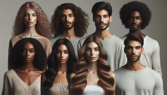Diverse group showcasing reverse balayage on various hair types and lengths under natural light.