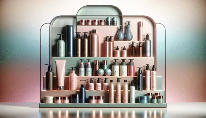 A diverse array of hair care products on a modern shelf, vibrant and uniquely designed.