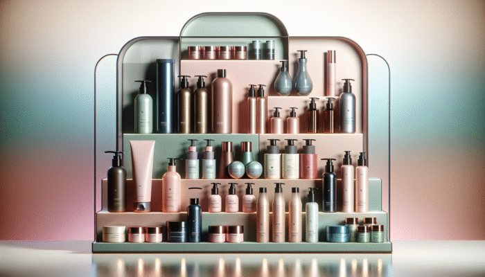 A diverse array of hair care products on a modern shelf, vibrant and uniquely designed.
