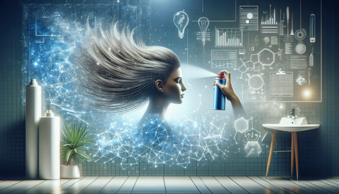 Woman spraying dry shampoo on her scalp in a modern bathroom, enhancing hair volume and freshness.