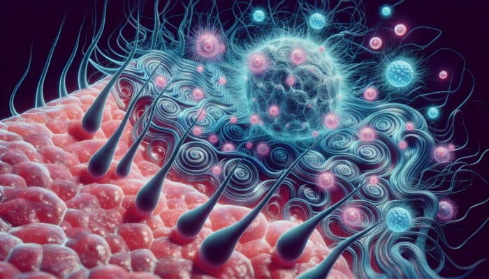 How Stress Affects Your Hair Health: Microscopic view of hair follicles affected by swirling cortisol and adrenaline due to chronic stress.