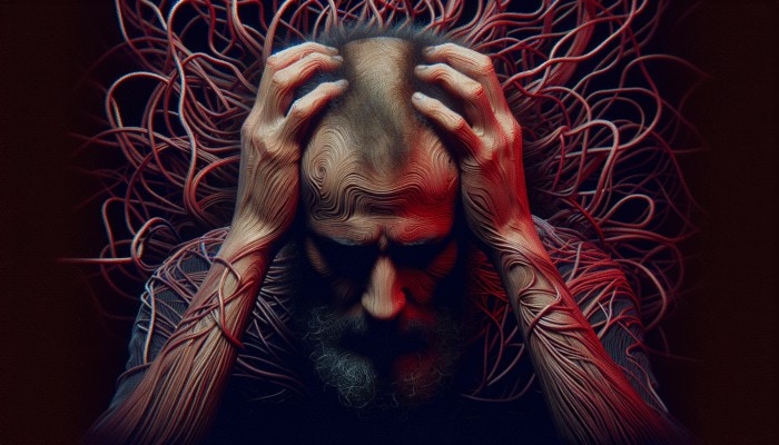 A person with thinning hair, stressed, surrounded by red lines symbolizing chronic stress, dark background.