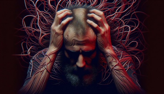 A person with thinning hair, stressed, surrounded by red lines symbolizing chronic stress, dark background.