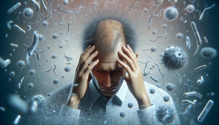 A distressed person with diffuse scalp hair thinning, surrounded by stress hormones disrupting hair growth in a softly lit setting.