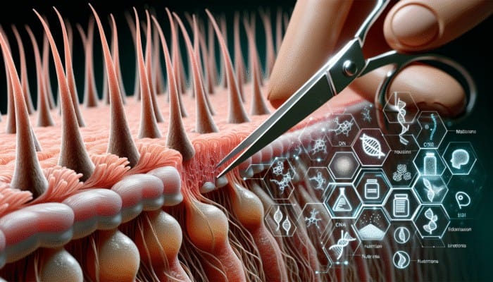 Hair Treatment Myths: Hair follicles and genetic helixes with nutritional icons, scissors cutting hair in background.