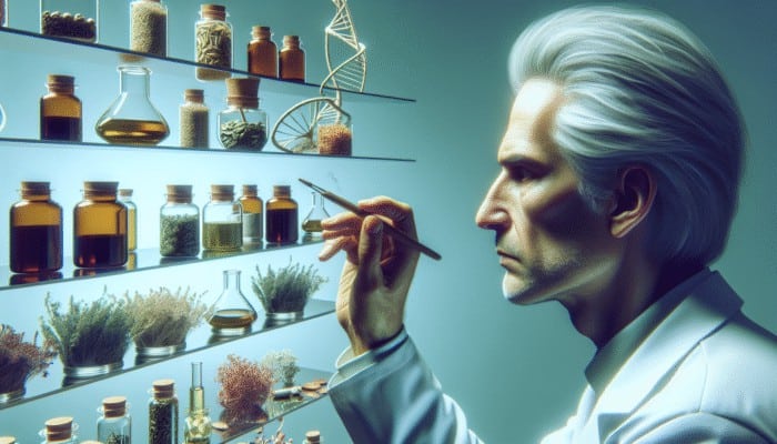 A person with grey hair skeptically examining natural remedies, with scientific charts in the background.