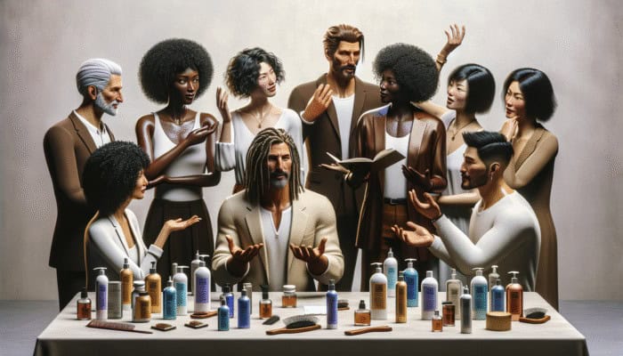 Diverse group discussing hair care, surrounded by products.