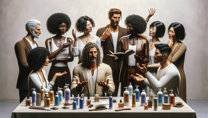 Diverse group discussing hair care, surrounded by products.