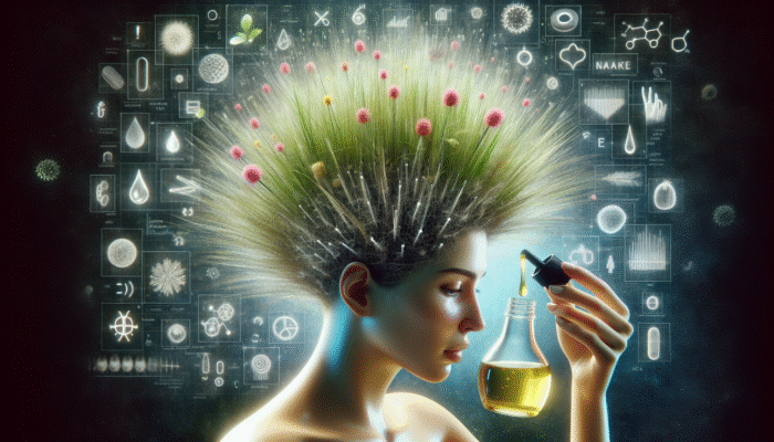 Person applying apple cider vinegar to scalp, showing vibrant, thick hair growth.