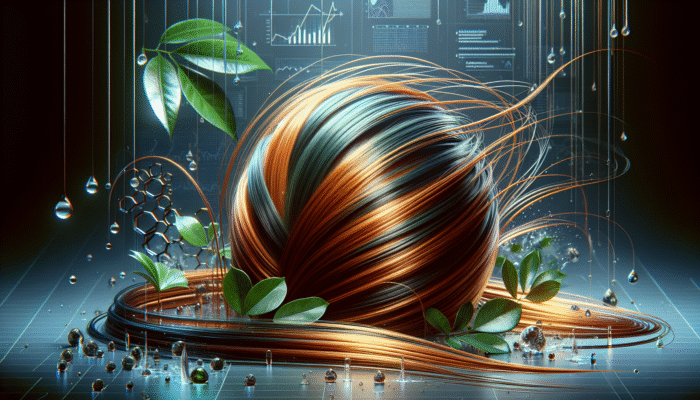 Keratin Treatments: Vibrant, resilient hair strands infused with keratin, smooth and glossy, with leaves and water droplets.