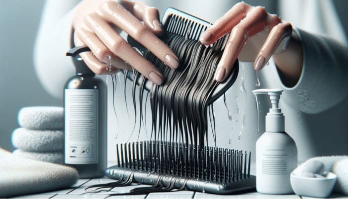 Hands using a wide-tooth comb to detangle wet hair, starting from ends, with leave-in conditioner nearby.