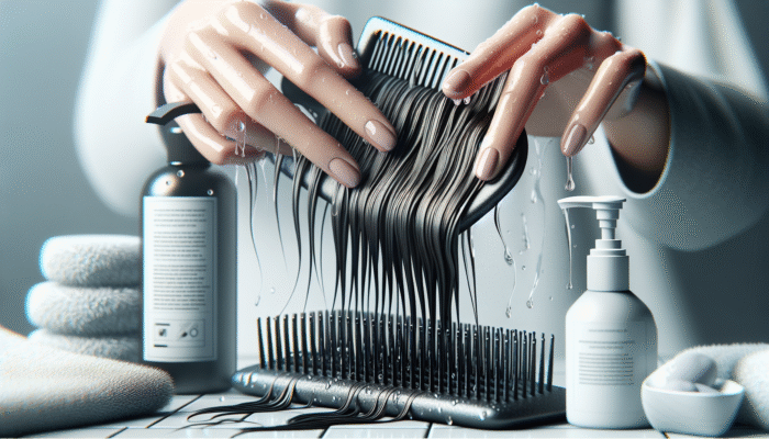 Hands using a wide-tooth comb to detangle wet hair, starting from ends, with leave-in conditioner nearby.