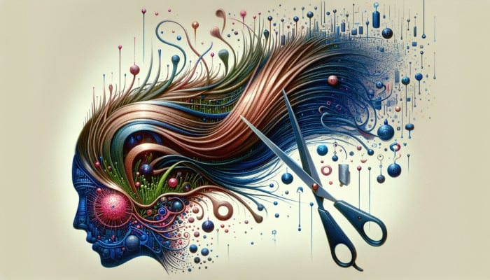 Lush, strong hair growing from a healthy scalp, with scissors trimming damaged ends.