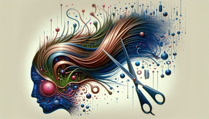 Lush, strong hair growing from a healthy scalp, with scissors trimming damaged ends.