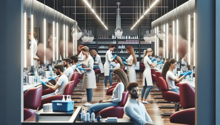 A modern salon with staff cleaning surfaces and sanitizing tools, ensuring a safe, hygienic environment for relaxed clients.