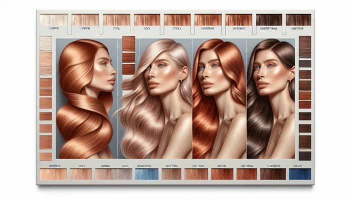 Autumn Hair Treatments for Vibrant Colour: Palette of hair colors from copper to ash blonde next to skin swatches showing warm, cool, and neutral undertones.