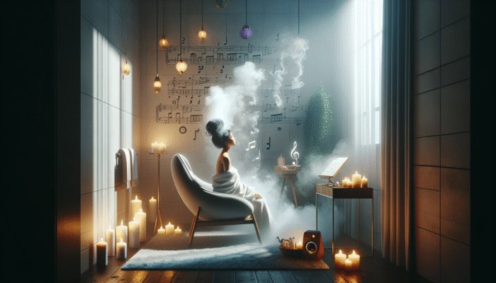 A woman enjoying a hair steaming session in a serene bathroom corner with soft lighting and calming decor.