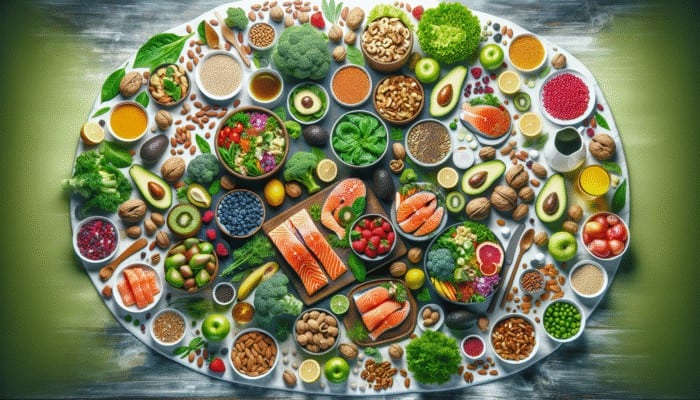 Simple Ways to Prevent Hair Breakage: A table of salmon, avocados, nuts, and greens for strong, shiny hair.