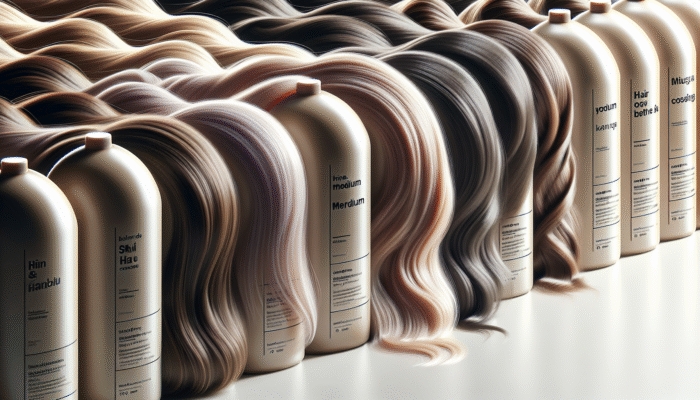 Close-up of fine, medium, and coarse hair textures with corresponding shampoos on a white background.
