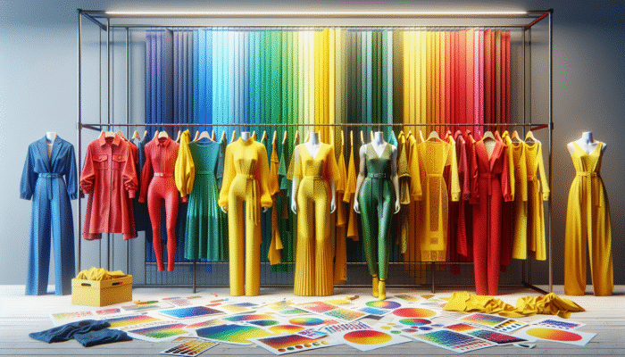 Bold colour treatments for 2025 styles: A vibrant wardrobe display with dresses, trousers, and jackets in striking yellows, electric blues, passionate reds, and lush greens.