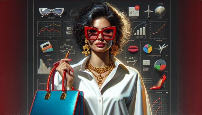 Woman in white shirt and jeans with red sunglasses, gold jewelry, and blue handbag, showcasing confidence and style.