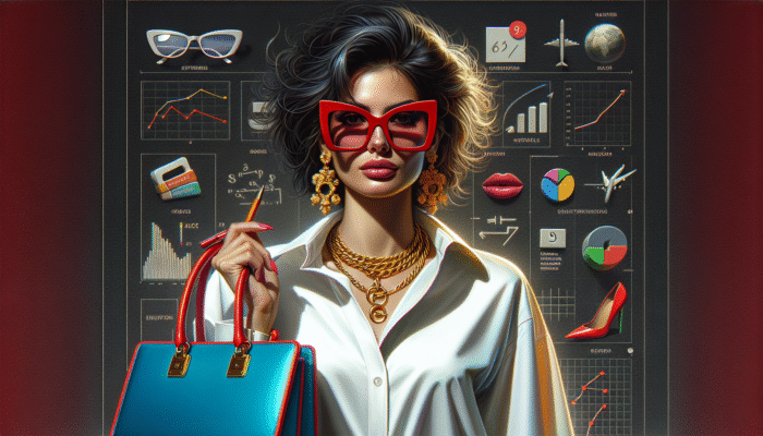 Woman in white shirt and jeans with red sunglasses, gold jewelry, and blue handbag, showcasing confidence and style.