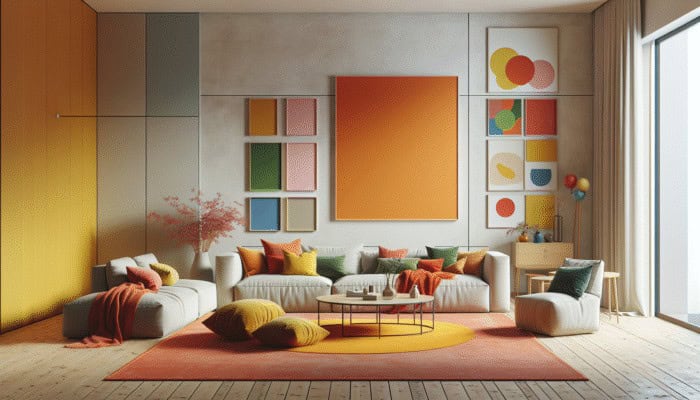 A living room featuring a bright orange rug, neutral furniture, vibrant cushions, throws, and colorful wall art.