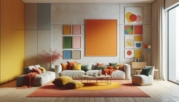 A living room featuring a bright orange rug, neutral furniture, vibrant cushions, throws, and colorful wall art.