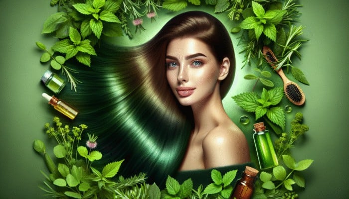 Herbal Rinses for Stronger Hair: Woman rinsing long, lush hair with nettle and rosemary herbal solution, surrounded by green plants.