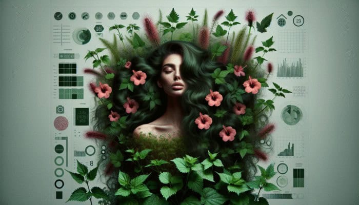 A woman with voluminous hair surrounded by nettle and hibiscus plants.