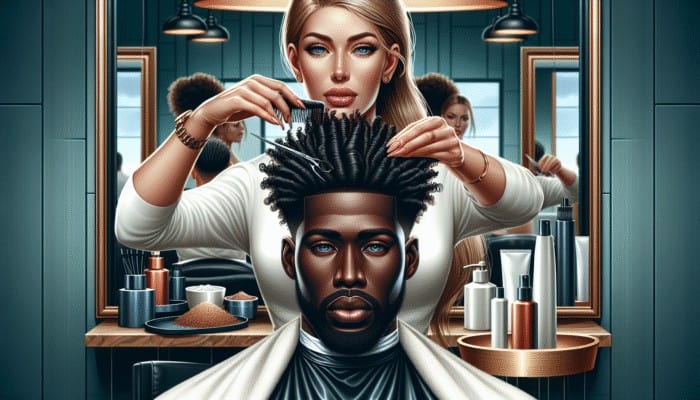 A client receiving a bond-building hair treatment in a luxurious salon, with a stylist applying an advanced formula to repair split ends and damaged hair, showing a before-and-after transformation.