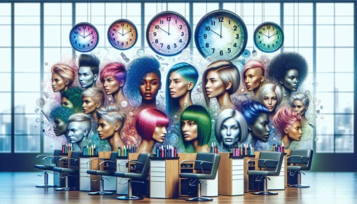 A salon interior with clocks and models showcasing various hair lengths and styles.