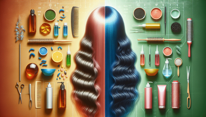 How to Repair Chemically Damaged Hair: Hair before and after chemical treatments: vibrant, smooth vs. dry, brittle, with chemical tools.