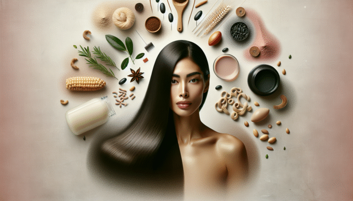 Woman with vibrant hair surrounded by natural ingredients like protein and keratin, symbolizing gentle hair care.