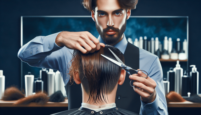 A professional stylist trims split ends from chemically damaged hair, promoting healthy growth.