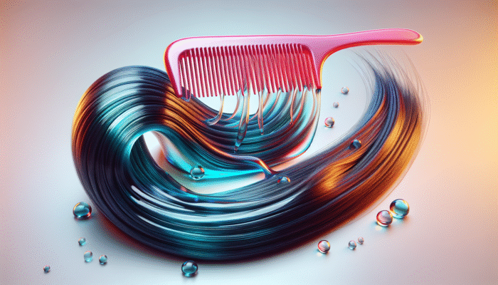 Sleek hair strand with silicone coating, comb gliding through, contrasted with dull, tangled hair.