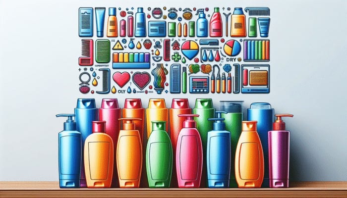 Bottles of shampoo and conditioner for various hair types on a shelf, colorful and labeled.