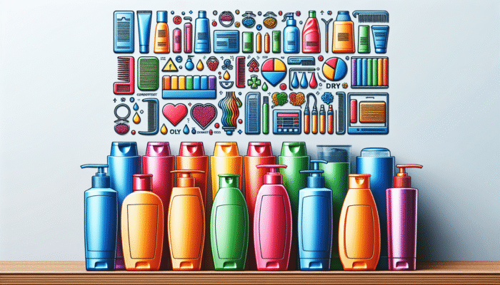 Bottles of shampoo and conditioner for various hair types on a shelf, colorful and labeled.