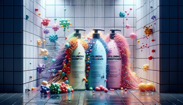 Treatments for Fine Hair That Add Body: Bottles of volumising shampoo and conditioner with biotin, collagen, panthenol, surrounded by thick hair strands.