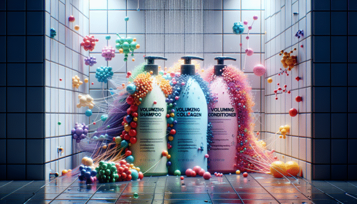 Treatments for Fine Hair That Add Body: Bottles of volumising shampoo and conditioner with biotin, collagen, panthenol, surrounded by thick hair strands.