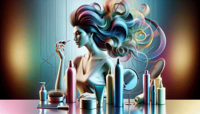 Woman with voluminous hair using mousse, spray, and volumizing powder on a modern vanity.