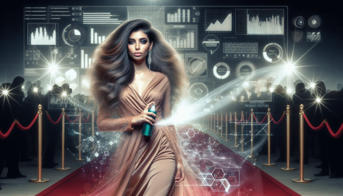 Woman with voluminous hair on red carpet, holding spray bottle, at glamorous event.