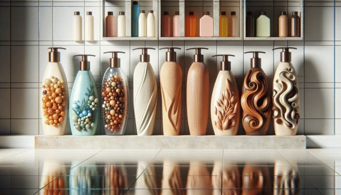 Questions to Ask Your Hair Stylist: Bottles of shampoo for oily, dry, curly hair with natural oils and extracts on a shelf in a bathroom.