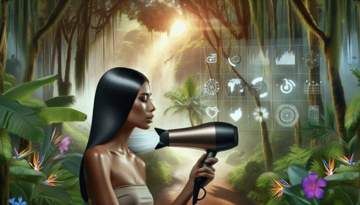 Best Hair Treatment Tools for Home Use: Woman using ionic hair dryer in humid Southeast Asia, showing sleek, shiny hair with reduced frizz.