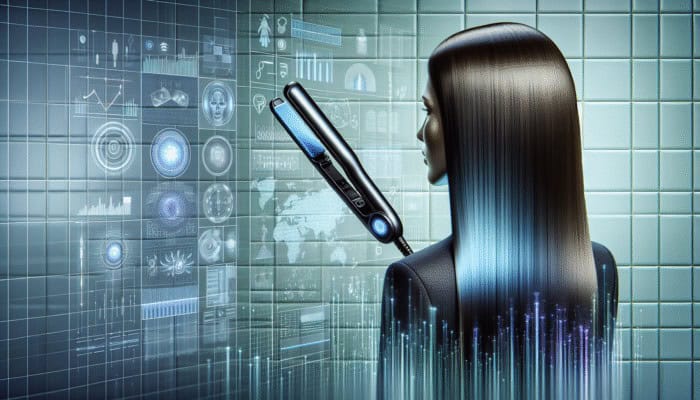 Woman with sleek, straight hair using high-tech straightening iron, modern bathroom setting.